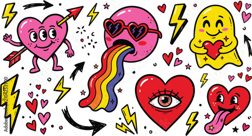 Fotografie Funky Retro Heart Character Set with Rainbow Vomit Sunglasses Ghost Eye and Tong