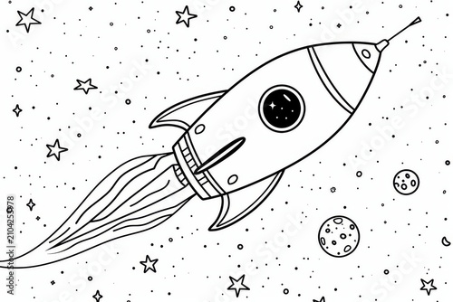 Rocket ship taking off among planets and stars, black and white coloring page