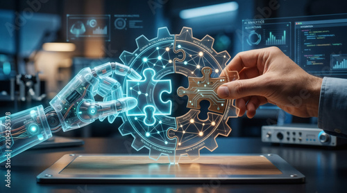 A concept image showing a human hand and a robotic, translucent hand working together to assemble a puzzle shaped like a gear or a graph. Symbolizes human-AI collaboration for problem-solving.