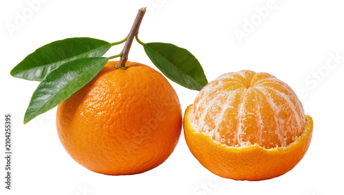 Cuadro en lienzo Isolated fresh whole tangerine with leaves and a partially peeled ripe mandarin