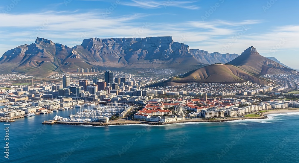 Obraz premium Scenic coastal town nestled between mountains and sea.