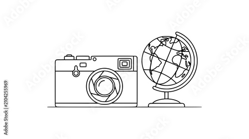 Minimalist Line Art Illustration of Vintage Camera and World Globe for Travel Concept