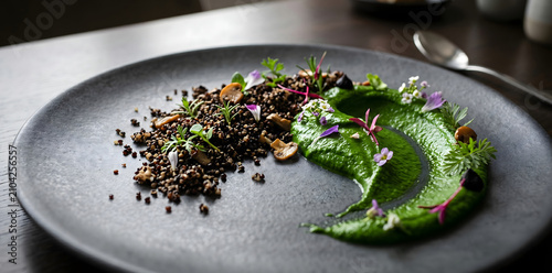 Abstract herb purée and quinoa soil plating inspired by natural landscapes