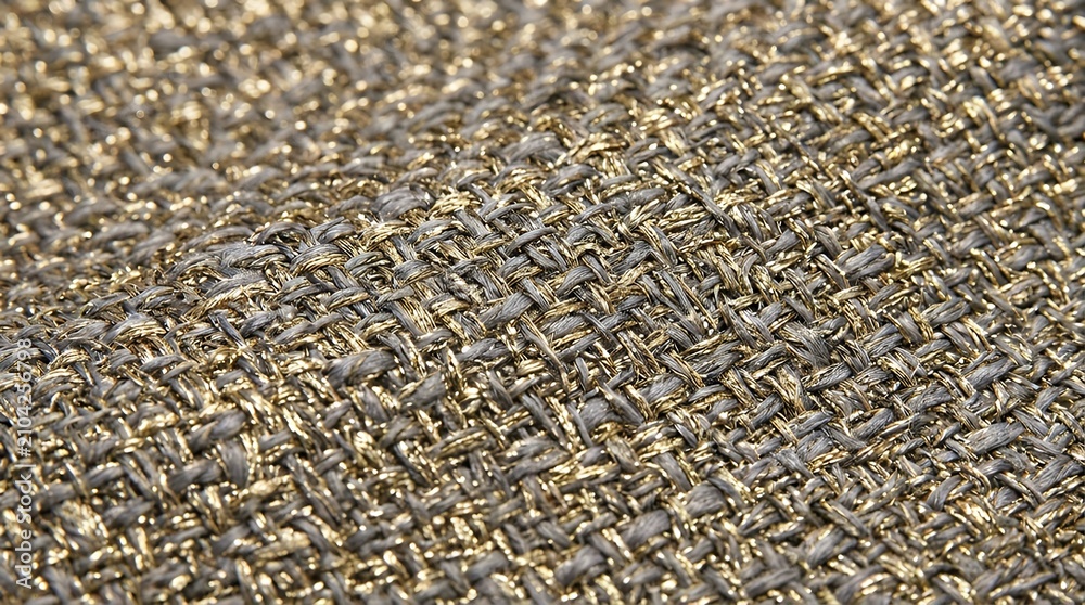 Fototapeta premium Opulent shimmering metallic gold and soft charcoal woven textile surface close-up radiant festive sparkling fabric backdrop for elegant seasonal presentations Opulent Shimmering Metallic Gold