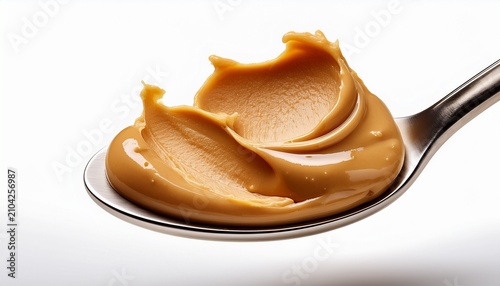 A Macro Close Up Of A Silver Spoon Scooping A Thick Dollop Of Creamy Smooth Peanut Butter Featuring A Gooey Golden Brown Texture And Roasted Nut Detail Isolated On A White Background