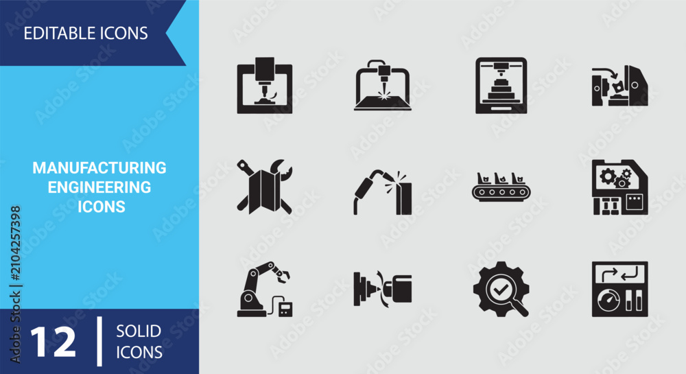 Fototapeta premium Solid Precision Manufacturing and Assembly Line Icons for Commercial Production Technology Graphics