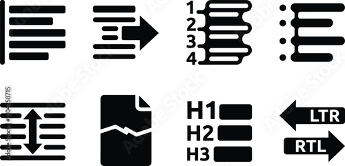 Foto Text Formatting and Document Editing Icons Set with Lists Alignment Headings and