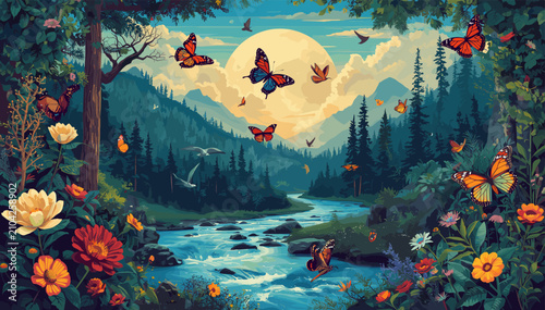 Cuadro en lienzo A vibrant fantasy landscape with a river, mountains, lush forest, colorful flowers, and numerous butterflies under a large sun