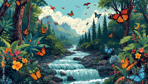 Quadro su tela A vibrant, lush forest scene with a winding river, waterfalls, and numerous colorful butterflies flying amidst dense foliage and distant mountains