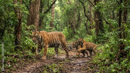 Tiger family in dense forest