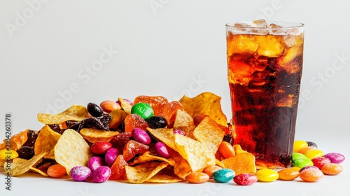 Pile of assorted snacks and a glass of cola.