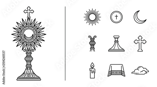 Catholic Monstrance and Liturgical Symbols Line Art