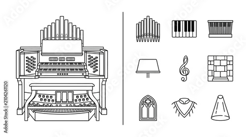Pipe Organ Console and Musical Instrument Icons Line Art
