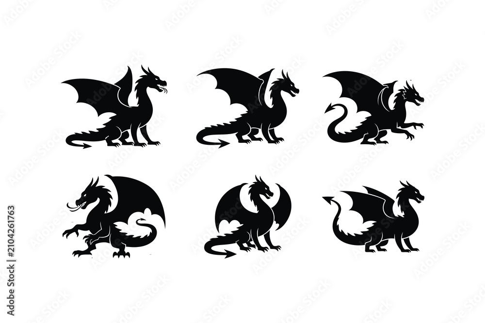 Obraz premium Medieval Dragon Silhouettes and Mythical Beast Vector Icons