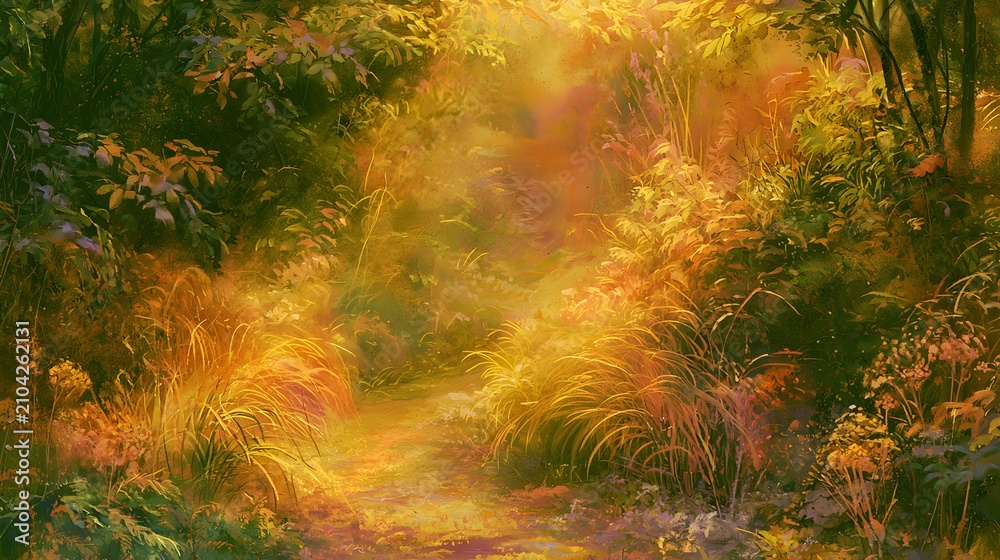 Fototapeta premium Serene watercolor path through lush foliage evokes tranquil wonder and a dreamlike golden landscape