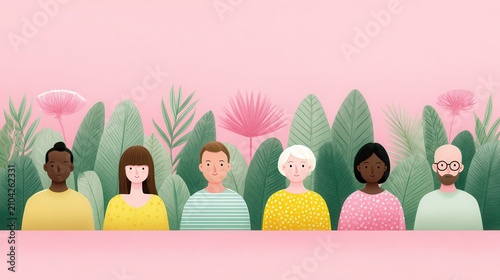 Diverse group of people standing together in tropical foliage