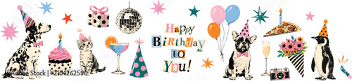 Happy birthday halftone art collage cut outs set. Fun stickers with vintage dot texture and doodles, animals wearing party hats, champagne, cheers and cake Modern retro mixed media vector illustration