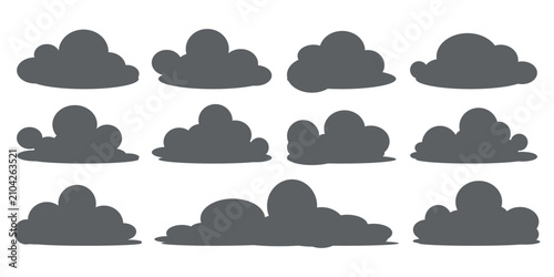 a series of black clumpy cloud vector illustrations, dark cloud bubbles in flat style on a white background