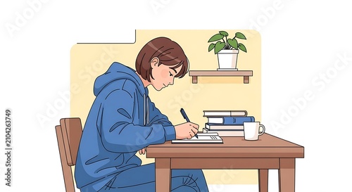 Woman working on laptop in home office setting.