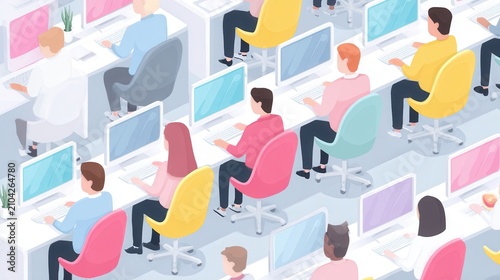 Isometric Office Coworking Space with Diverse Employees