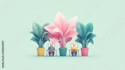 Minimalist Office Workers with Large Potted Plants Concept