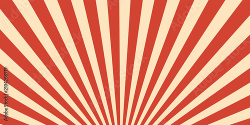 Retro red background with vintage circus sunburst. Psychedelic colorful swirl poster, abstract pattern in 70s carnival style. Hypnotic sunburst vector illustration
