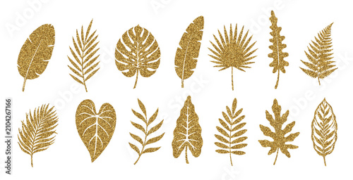 Gold glitter botanical leaf collection, tropical and autumn foliage silhouettes, elegant nature elements