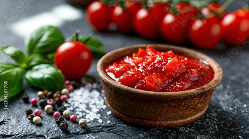 Rustic wooden bowl filled with vibrant chopped tomatoes and fresh basil