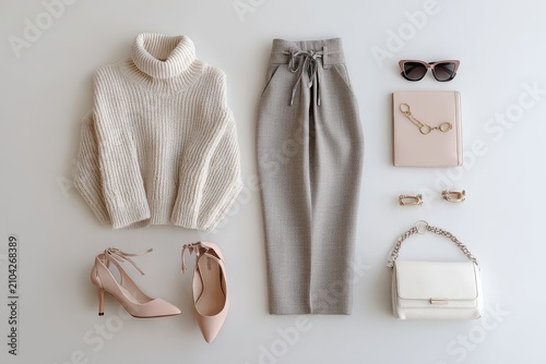 Minimalist fashion flat lay including cream knit turtleneck sweater gray trousers high heels clutch and jewelry accessories with clothing knitwear trousers feminine sunglasses necklace wardrobe