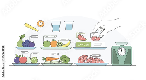 Healthy food portions with nutritional labels and a kitchen scale illustration
