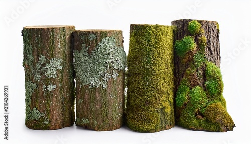 Tree Trunks Overgrown With Moss And Lichen Isolated On White Background