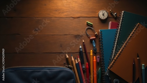 School supplies arranged on wooden desk. Notebook, colorful pencils, clock and pencil case for education. Back to school concept with stationery items organized for academic study.