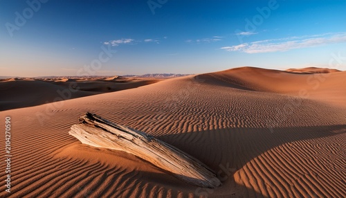 Weathered Wood Rests On Rippled Desert Sand Dunes Under A Warm Sky