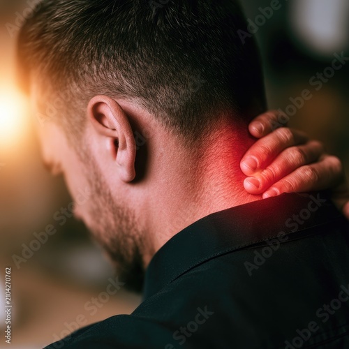 Man experiencing neck pain, with a red glow highlighting discomfort and strain