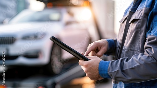 Technician using tablet to assist with towing vehicle on flatbed