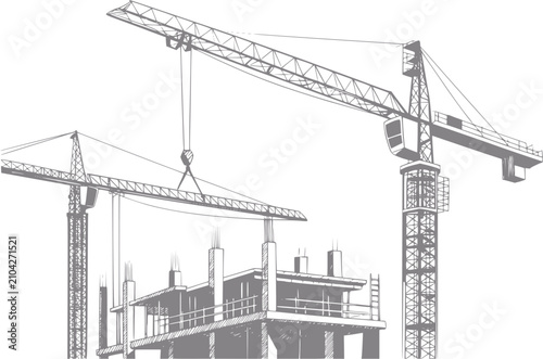 Detalle de dos grúas de construcción altas trabajando en un sitio de construcción sobre fondo blanco