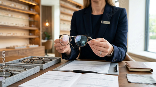 Optometrist offers stylish eyeglasses at optical shop, customer consultation