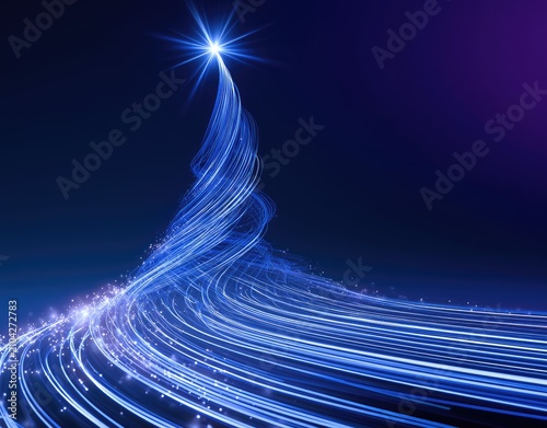 Abstract blue light trails swirl upwards forming a radiant tree shape