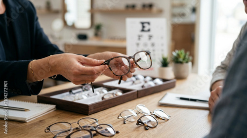 Optician offers eyeglasses to customer, eye exam chart in background