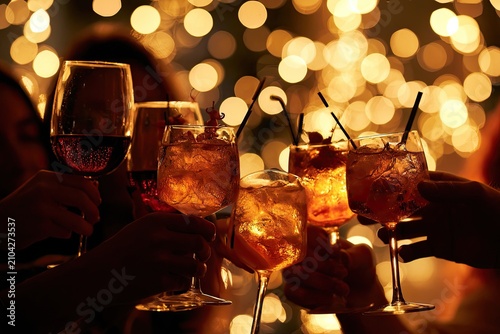 Hands clinking cocktails with blurred festive lights in background