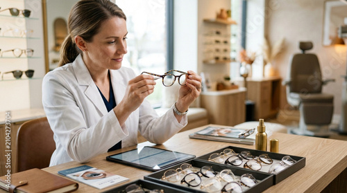 Optometrist examining eyeglasses in optical shop, eyewear selection display