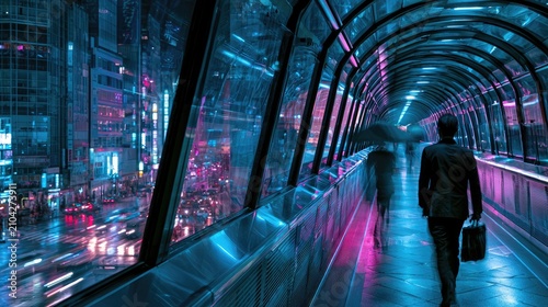 Lone figure walks through illuminated futuristic city skybridge at night