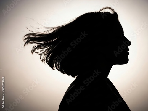Woman's silhouette with windblown hair against a gradient background