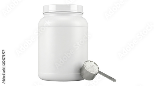 Obraz na płótnie Blank white supplement jar with a scoop of powder isolated on transparent background
