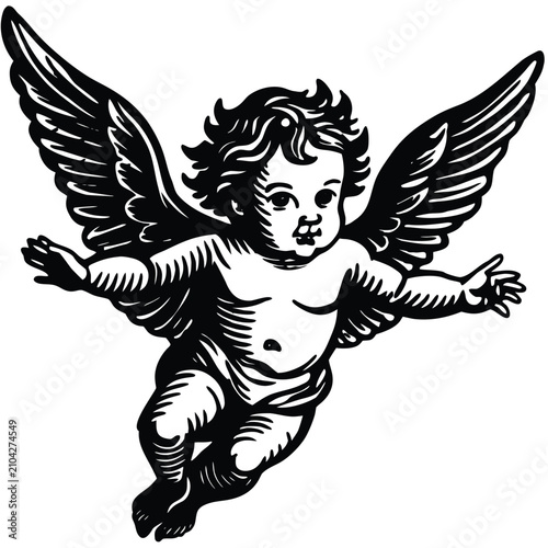 Schilderij op canvas flying baby angel woodcut engraving vector illustration