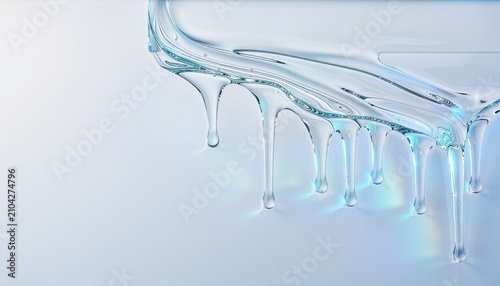Clear serum liquid gel dripping down on soft clean background 清潔感のある淡い背景に透明な美容液ジェルが美しく滴るイメージ素材
