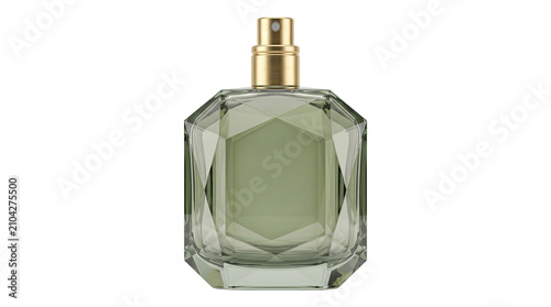 Foto Green glass perfume bottle with geometric shape and gold atomizer isolated on transparent background