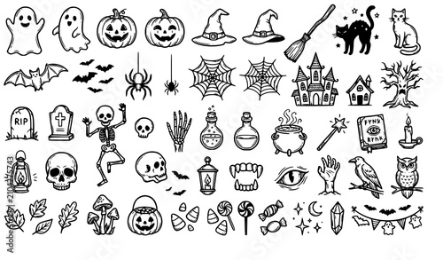 Fun Halloween Pen Doodle Illustration Set with Cute Spooky Icons Vector Collection