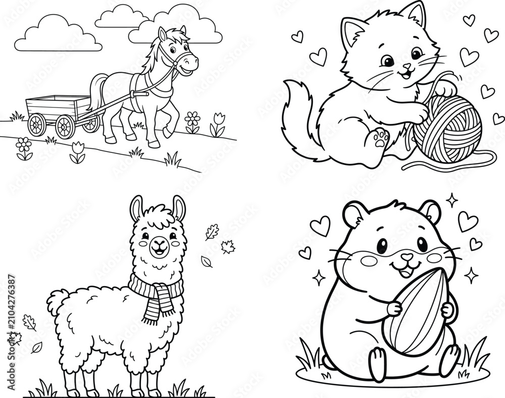 Obraz premium Cute Pets And Farm Animals Hamster Kitten Alpaca Coloring Page Bundle Vector Outline Sheet