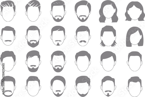 Colección de siluetas de cabezas masculinas y femeninas con diversos peinados y vellos faciales